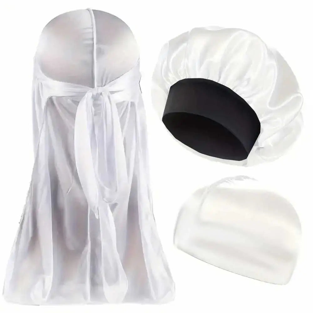 Durag Bonnet and Dome Cap Set, Listed Three-Piece Solid-Color Satin Headwear with Elastic Night Cap Reference for Adult Hair Wrap Routines and Casual Styling