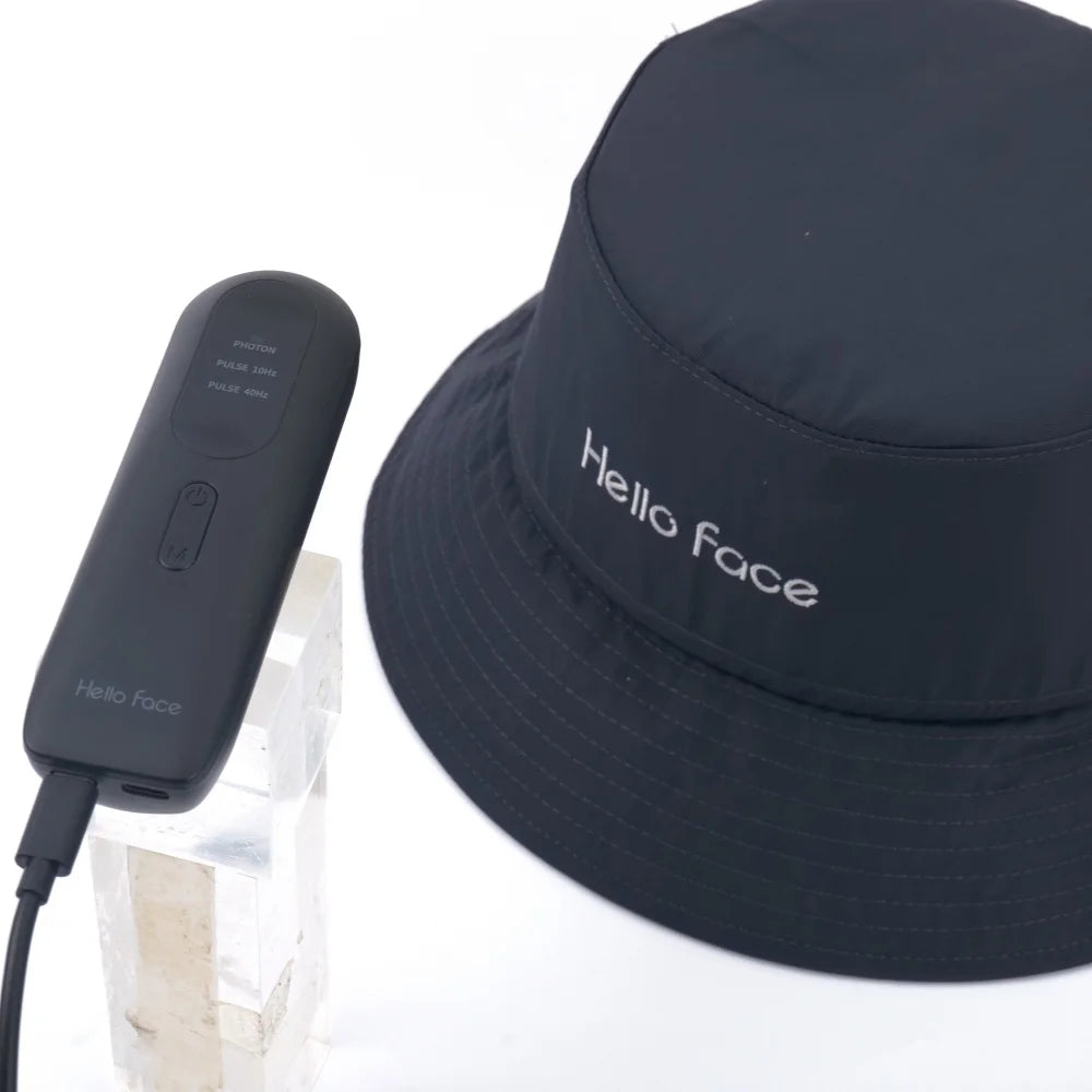 LED Scalp Care Bucket Hat Hello Face T100 with 336 Red and Near-Infrared LEDs, Three Light Modes and Separate With-Controller or Hat-Only Set Options