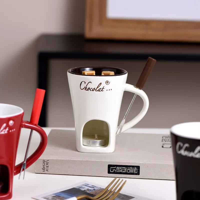 Chocolate Fondue Mug with 130ml Ceramic Cup and Stainless Steel Fork, Tea Light Dessert Warmer for Fruit, Cookies and Cozy Tabletop Dipping