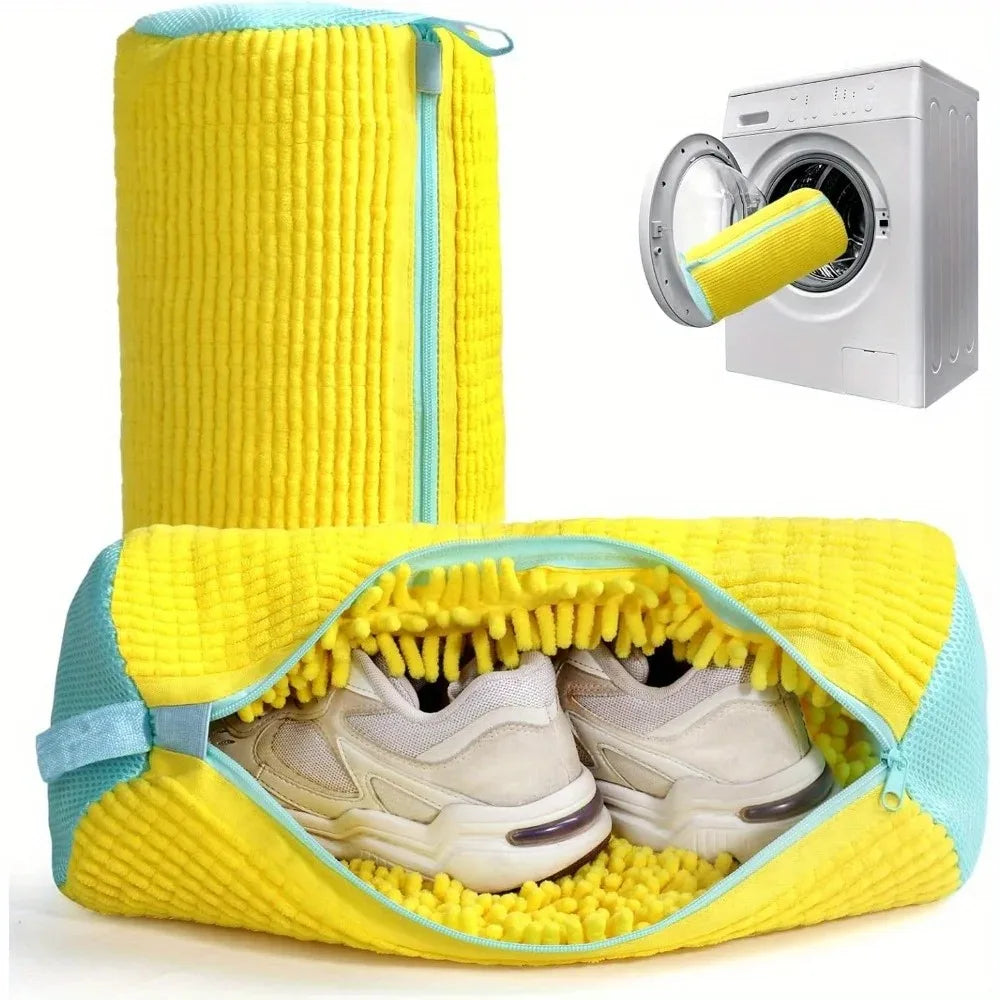Padded Shoe Washing Bag in Polyester with Fluffy Fiber and Net Design, Single Laundry Accessory in 39X19 Gray or Yellow for Compatible Machine-Washable Footwear