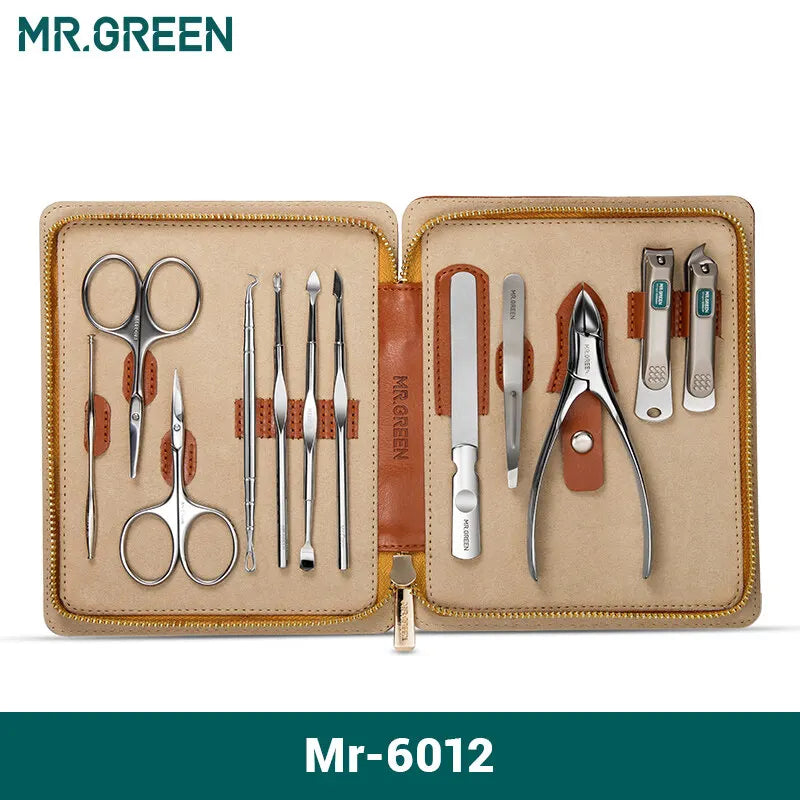 Manicure and Pedicure Kit MR.GREEN Mr-6012 with 12 Listed Stainless Steel Accessories and Portable Leather Case for Adult Home Grooming and Travel