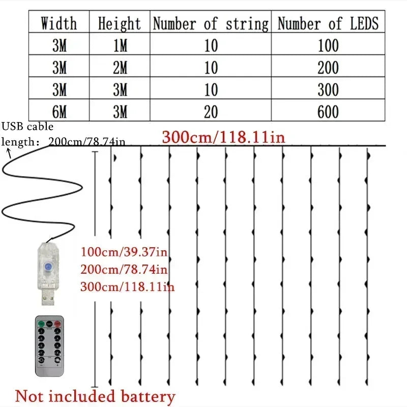 LED Curtain String Lights with Remote, USB 5V Fairy Lights with 8 Modes, Six Color Options and 100–600 LEDs for Bedroom, Wedding and Christmas Decor