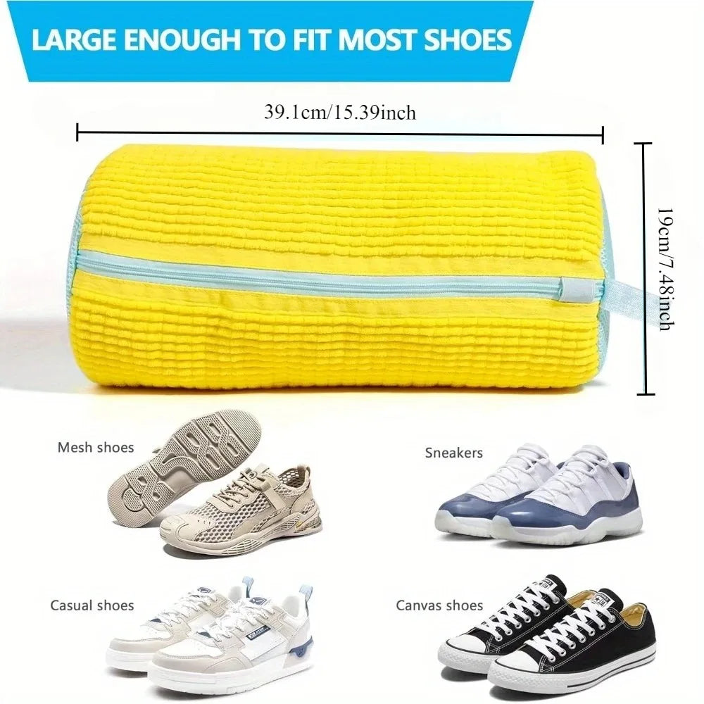 Padded Shoe Washing Bag in Polyester with Fluffy Fiber and Net Design, Single Laundry Accessory in 39X19 Gray or Yellow for Compatible Machine-Washable Footwear