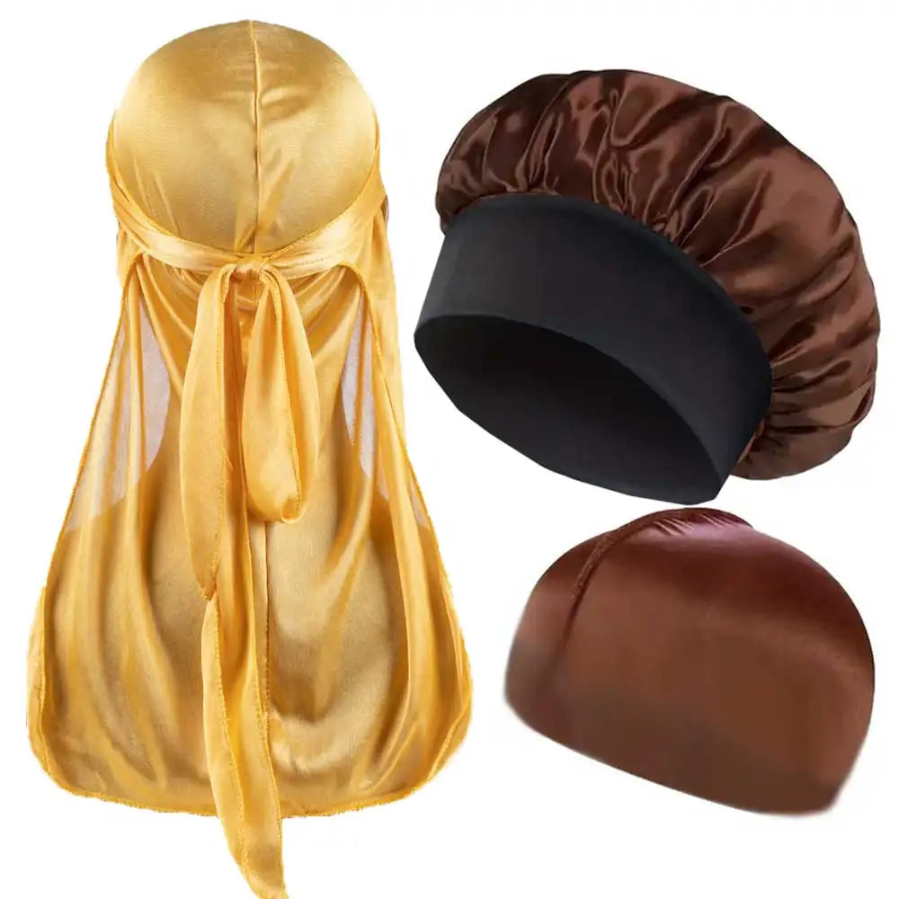 Durag Bonnet and Dome Cap Set, Listed Three-Piece Solid-Color Satin Headwear with Elastic Night Cap Reference for Adult Hair Wrap Routines and Casual Styling
