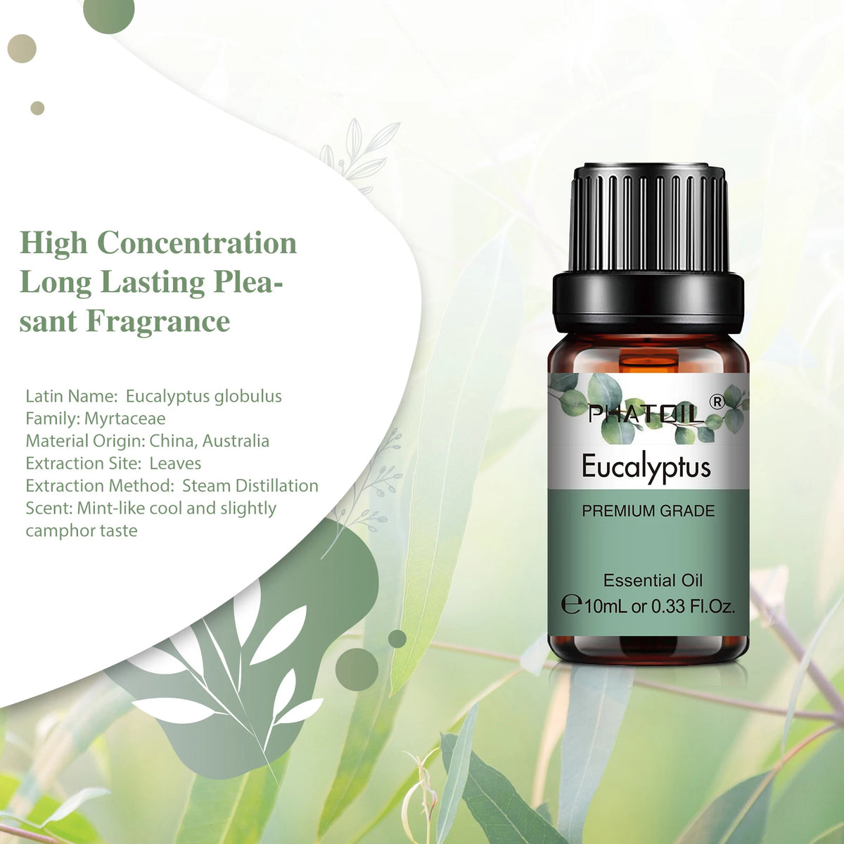 10ml Aroma Oil by PHATOIL for Compatible Diffusers and Home Fragrance, Amber Bottle with Lavender, Eucalyptus, Vanilla, Peppermint and Other Scent Options
