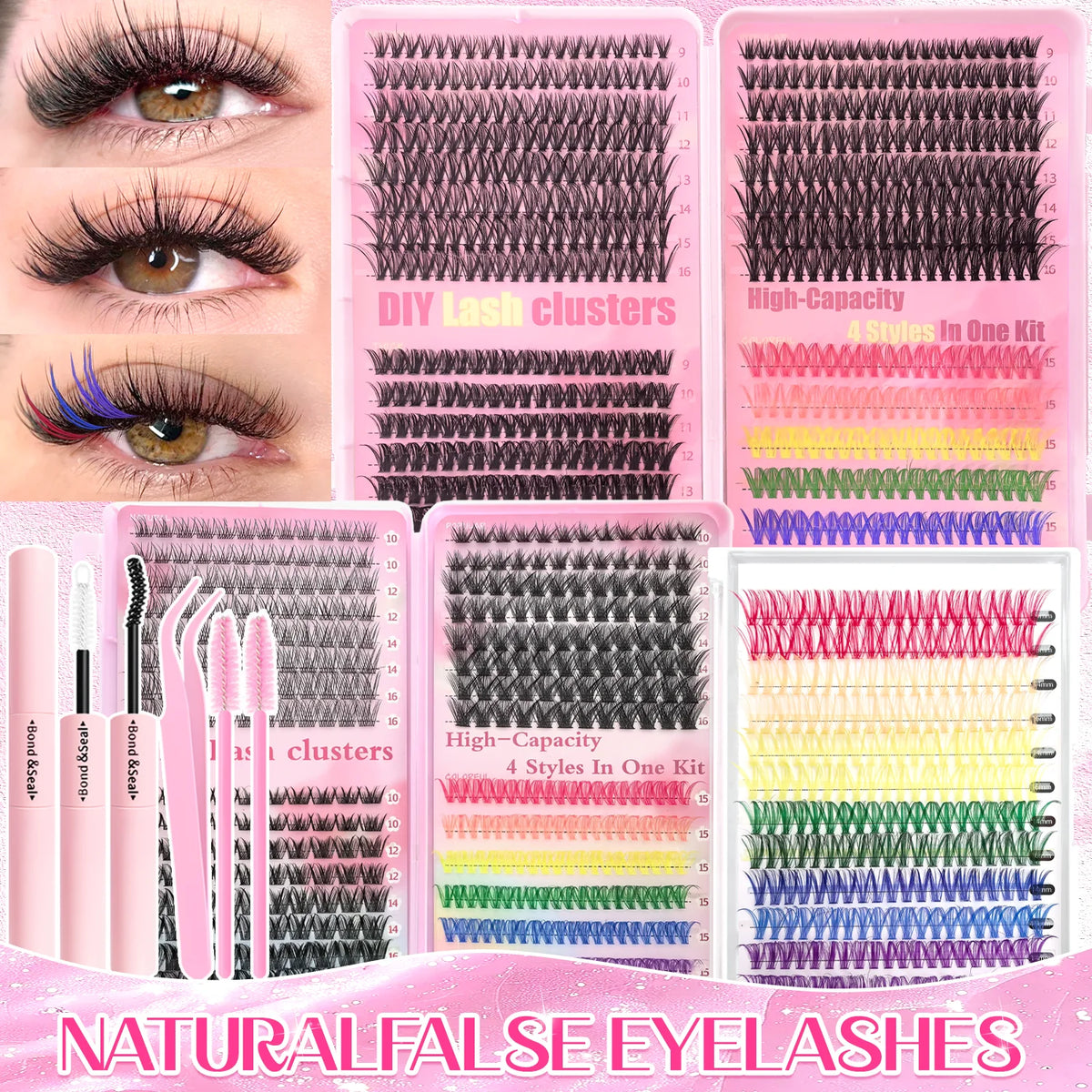 Color Mixed Lash Clusters, 12 and 30 Row Options with 345D and Wide Stem Styles for DIY False Eyelash Looks, Creative Eye Makeup and Occasions