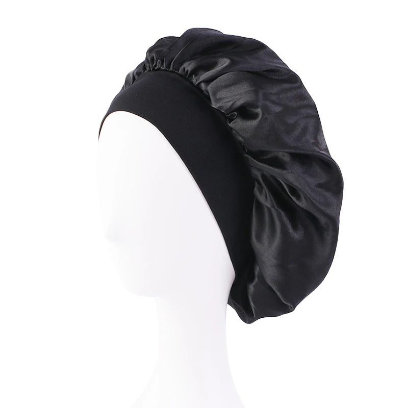 Wide Band Satin Sleep Bonnet with Listed Elastic Hair Wrap Design, Polyester Material Reference and Twenty-Eight Color Labels for Adult Nighttime Hair Styling