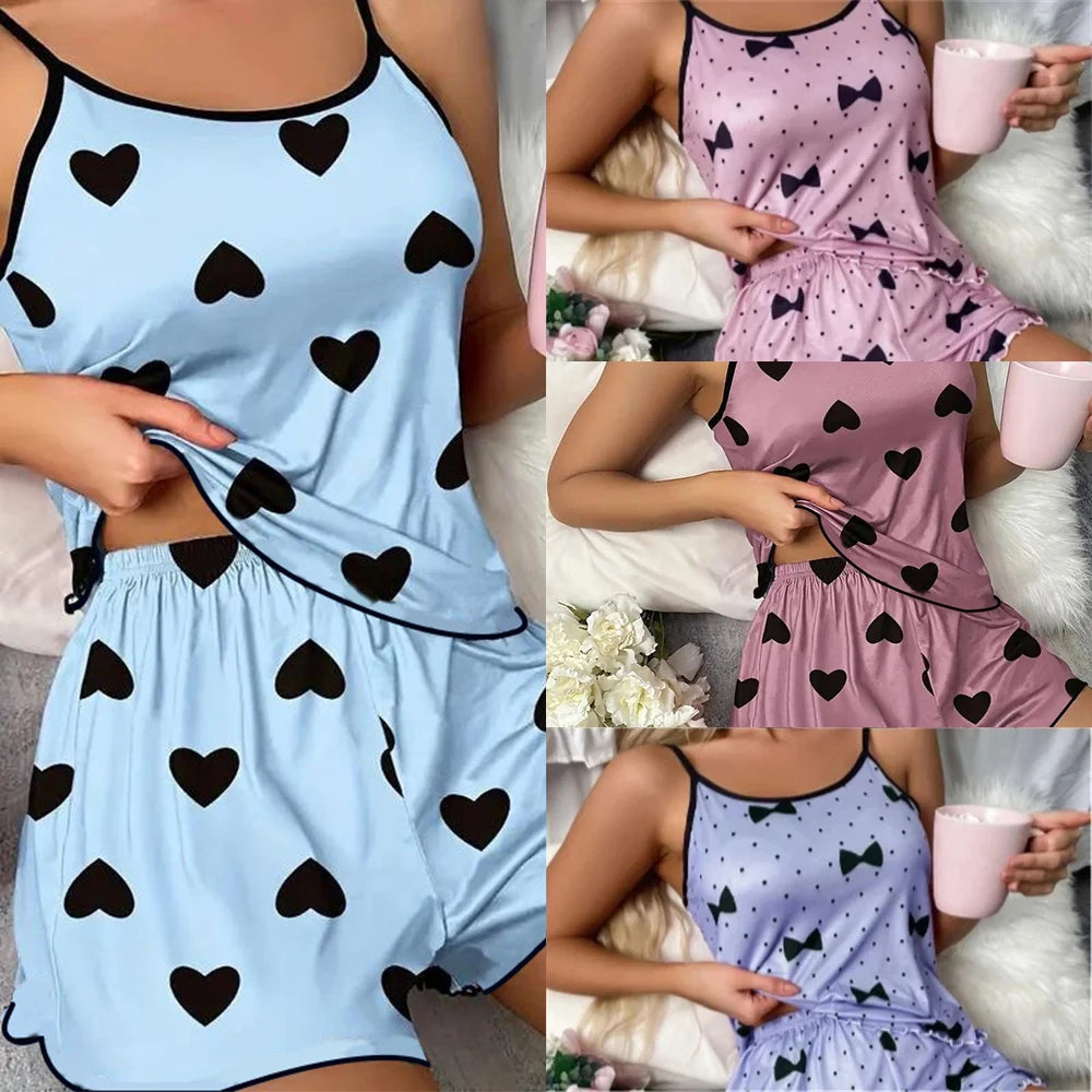 Women's Heart Print Pajama Set with Round Neck Top and Shorts, Polyester Summer Sleepwear for Relaxing at Home in Purple or Blue, Sizes M to XL