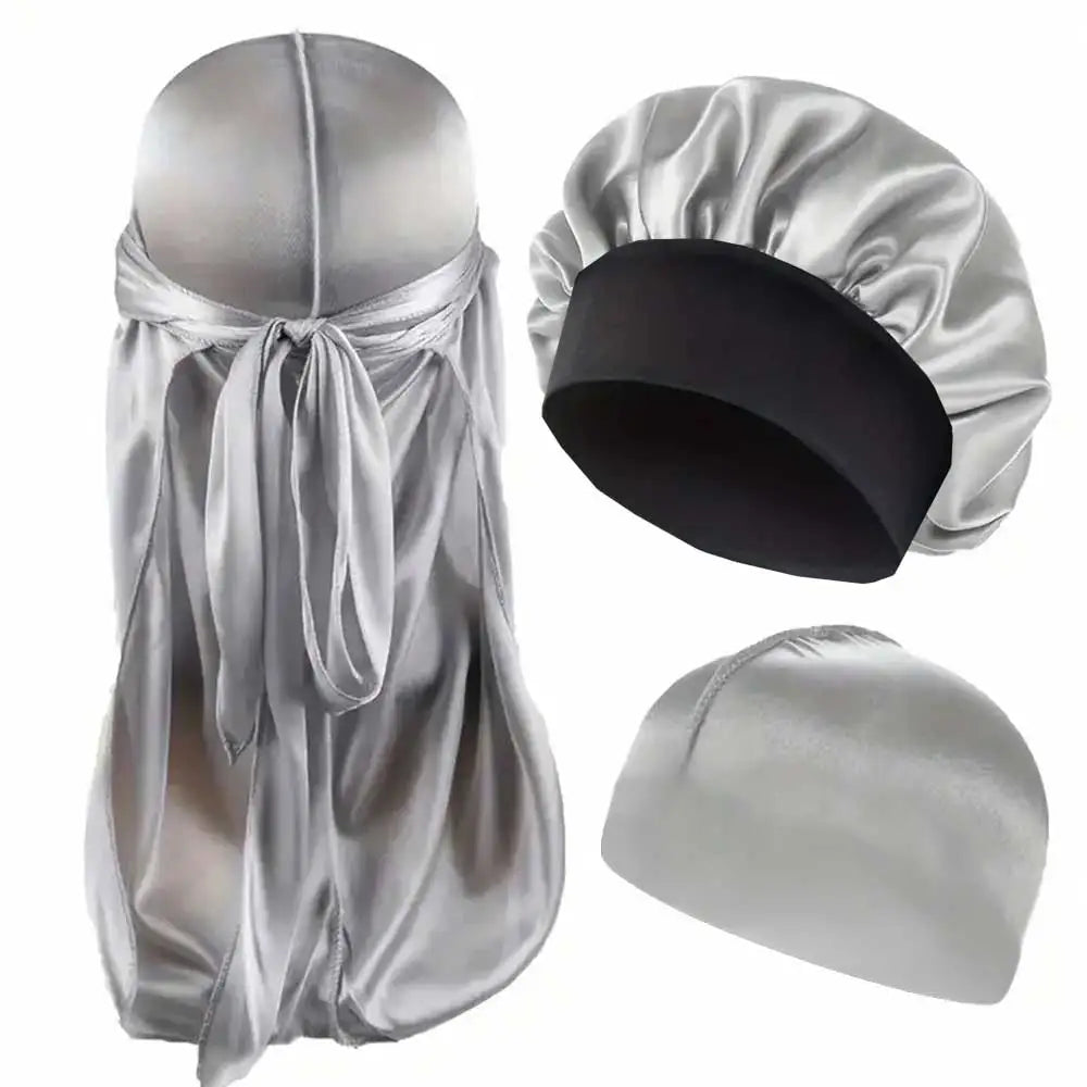 Durag Bonnet and Dome Cap Set, Listed Three-Piece Solid-Color Satin Headwear with Elastic Night Cap Reference for Adult Hair Wrap Routines and Casual Styling