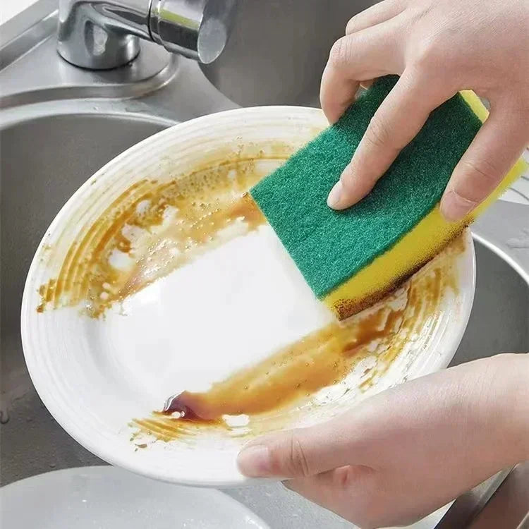Yellow and Green Dish Sponges with Fiber Scouring Pads, Double-Sided Kitchen Cleaning Sponges in 10, 30 or 50-Piece Packs for Compatible Tableware and Pots