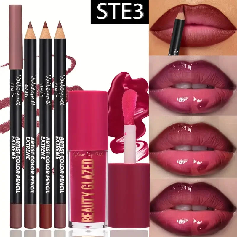 Lip Liner and Glaze Set with Three Liners and One Lip Glaze, Four-Piece Lip Makeup Kit in Three Numbered Options for Everyday Outlining and Evening Looks