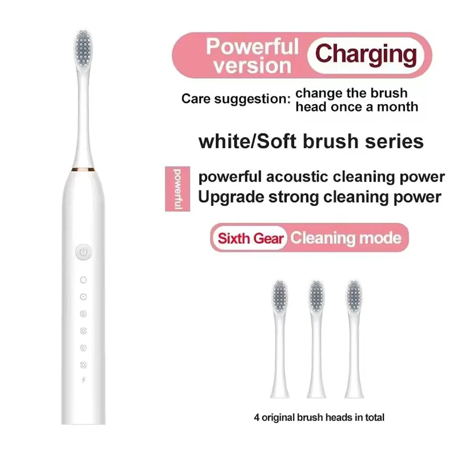 USB Rechargeable Electric Toothbrush for Adults, X3 Six-Mode Soft Bristle Brush with Two-Minute Cycle, 30-Second Reminders and Four-Head Option Labels