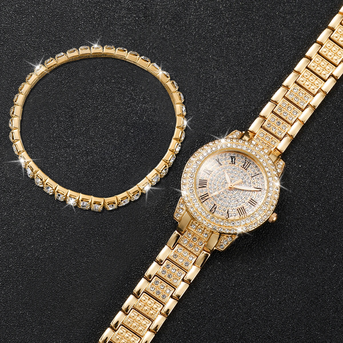 Women's Quartz Watch and Bracelet Set, Two-Piece Analog Fashion Accessories with 32mm Case in Gold, Silver or Rose Gold Tone Options, No Watch Box Included