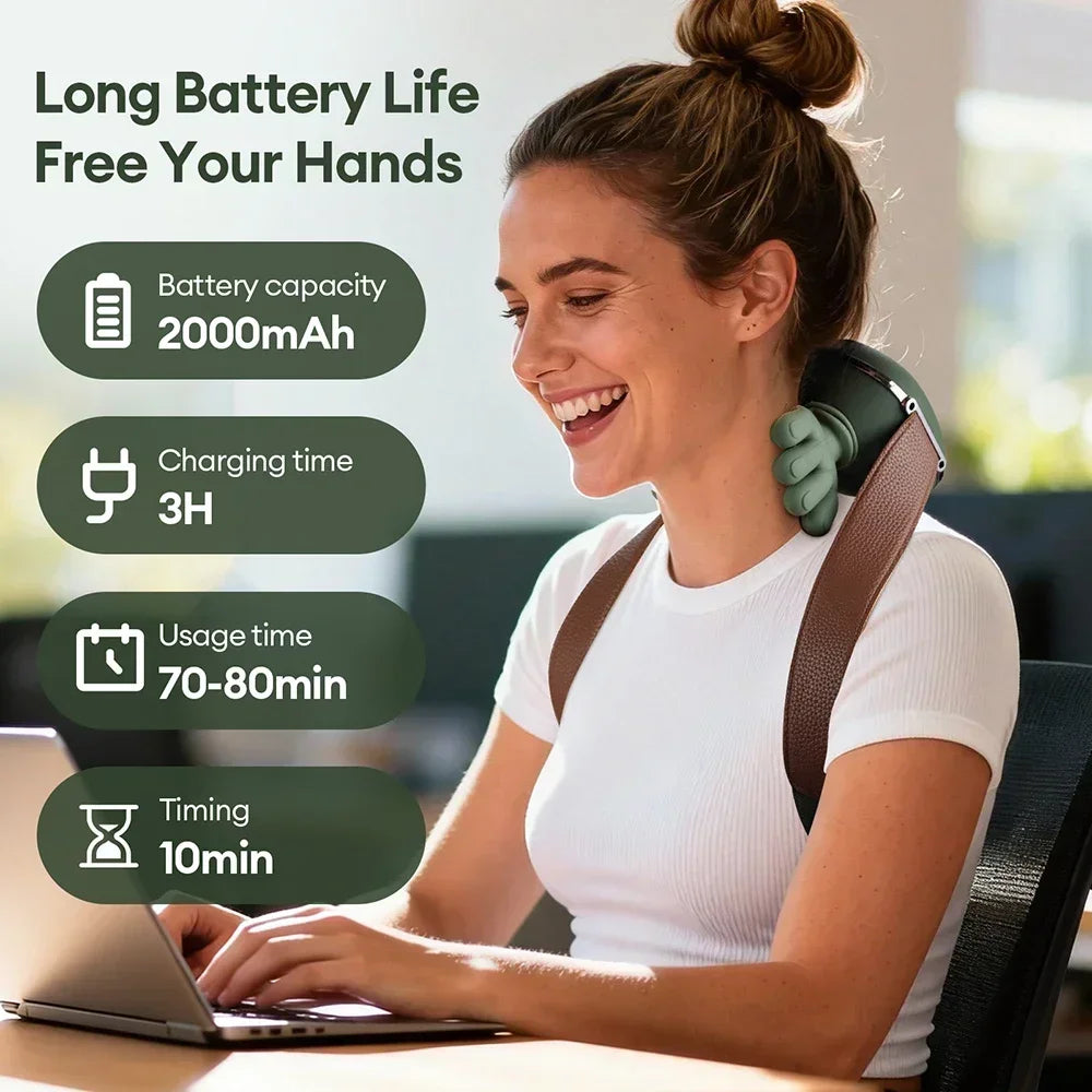 Green Rechargeable Neck and Shoulder Massager with Hands-Free Shawl Design, 3 Kneading Modes, USB Type-C Charging and 10-Minute Timer