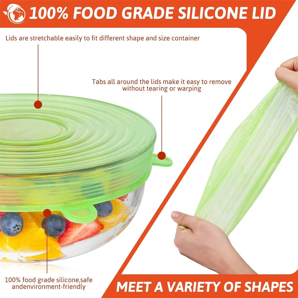 Round Stretch Food Covers Set of 6, Reusable Bowl and Dish Lids with Listed Sizes from 6 to 18cm in White, Blue, Yellow or Pink for Kitchen Storage