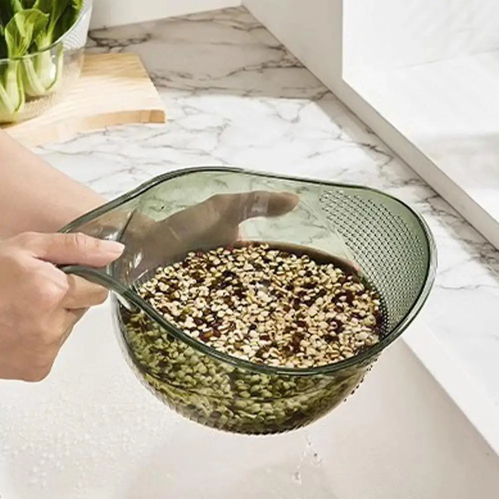 PET Rice Washing Bowl, Side-Draining Kitchen Colander with Handle and Small Bowl Reference, Listed 198 x 293 x 130mm Size in White, Green or Grey