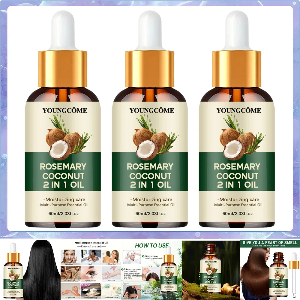 Rosemary Hair Oil with Coconut Oil Reference, 40ml Single, 60ml Single or Three-Piece 60ml Options for Label-Guided Cosmetic Hair and Scalp Care Routines