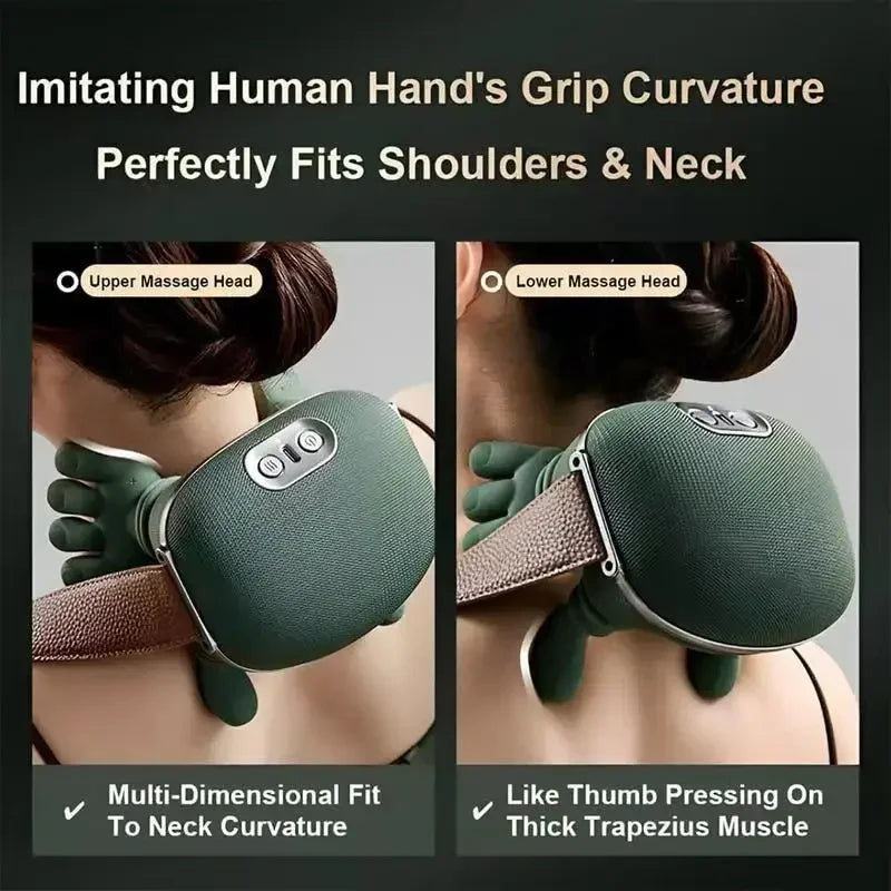 Green Rechargeable Neck and Shoulder Massager with Hands-Free Shawl Design, 3 Kneading Modes, USB Type-C Charging and 10-Minute Timer