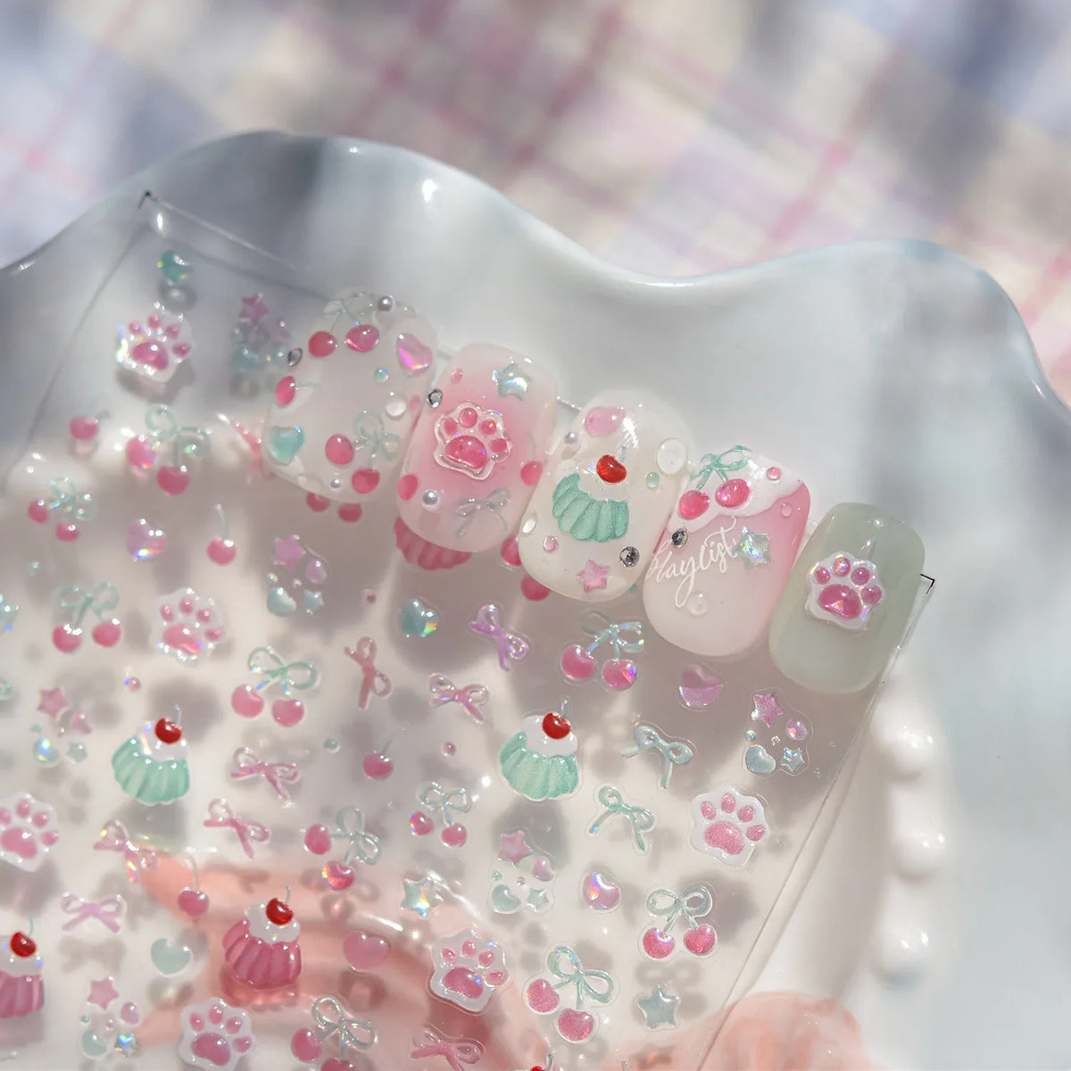 Jelly Nail Art Stickers with Cat Claw, Cherry and Bow Themes, Shiny 5D Self-Adhesive Nail Decals in TO5082 or TO5083 Styles for DIY Manicures