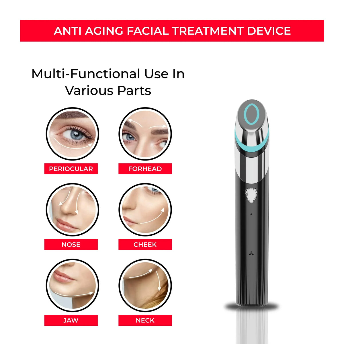 Touch-Activated Facial Care Wand with Rotating T-Bar Head, Black Rechargeable Beauty Tool with Listed Red Light, Warmth, Vibration and Microcurrent Functions