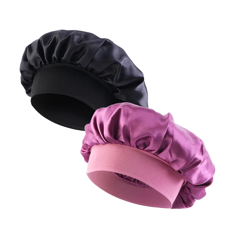 Wide Band Satin Sleep Bonnet with Listed Elastic Hair Wrap Design, Polyester Material Reference and Twenty-Eight Color Labels for Adult Nighttime Hair Styling