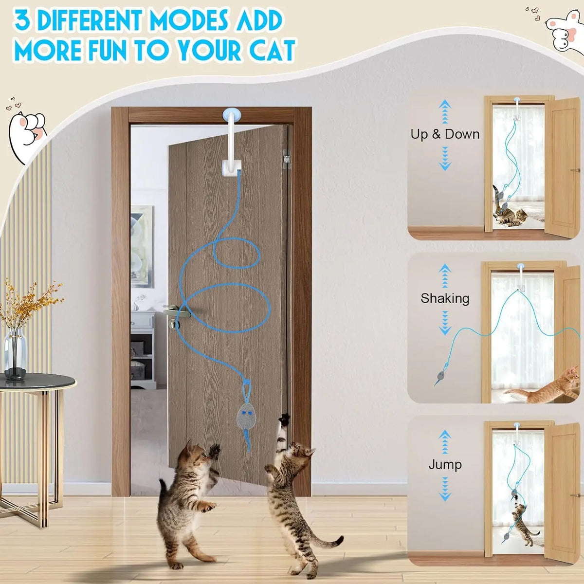 Door Hanging Cat Toy with Elastic Bouncing Teaser Rope and Sticky Disc Mount, Blue Indoor Cat Enrichment Toy for Supervised Batting and Pouncing