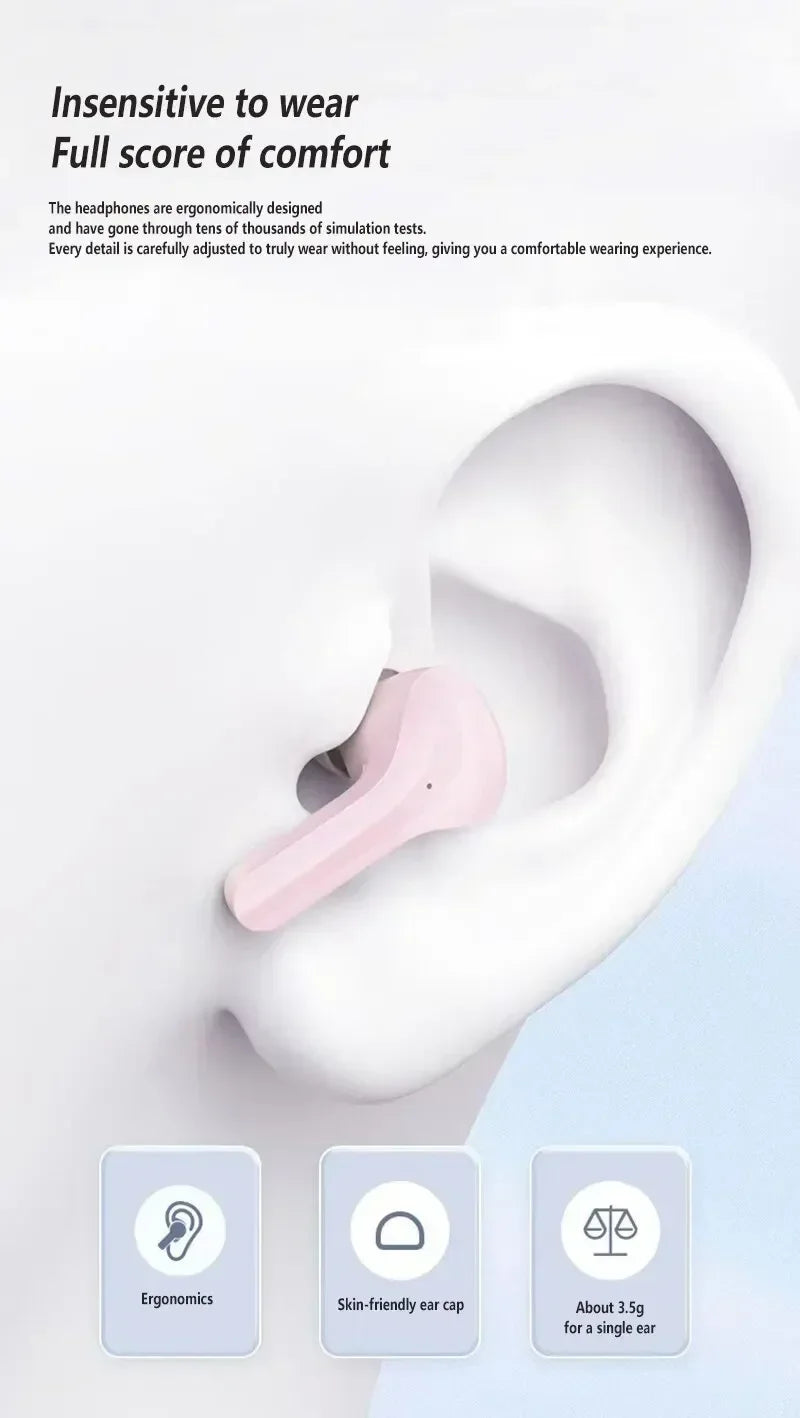 T2 Wireless Bluetooth Earphones with LED Power Display and Built-In Microphone, Transparent-Style In-Ear Audio Design in Five Colors for Music and Calls