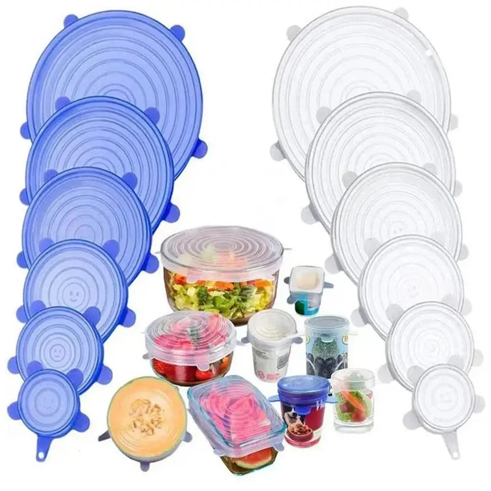 Round Stretch Food Covers Set of 6, Reusable Bowl and Dish Lids with Listed Sizes from 6 to 18cm in White, Blue, Yellow or Pink for Kitchen Storage