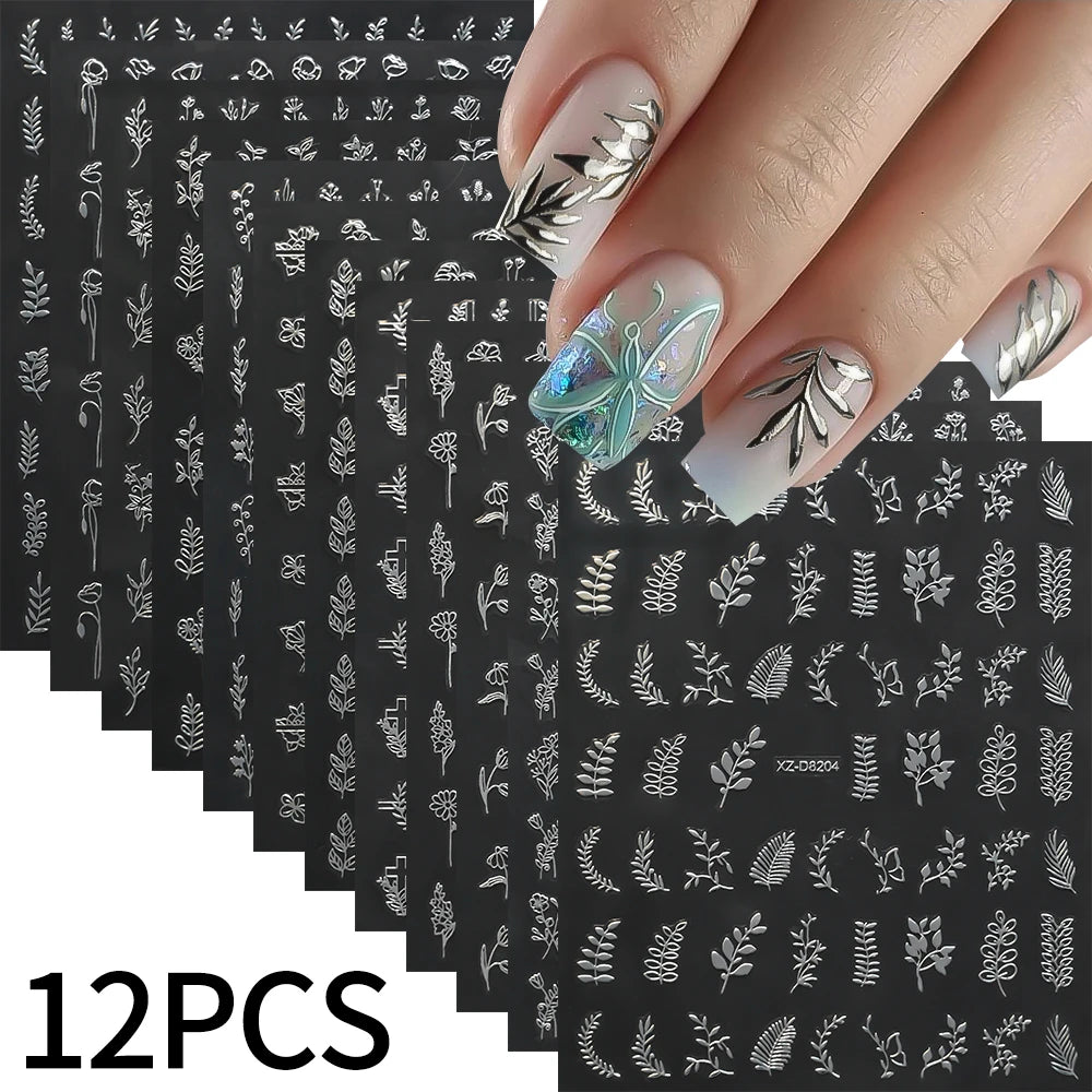 Gold Leaf Nail Stickers, 12-Piece Metallic 3D Floral Self-Adhesive Nail Art Decal Set for Botanical DIY Manicures, Party Styling and Salon Decoration