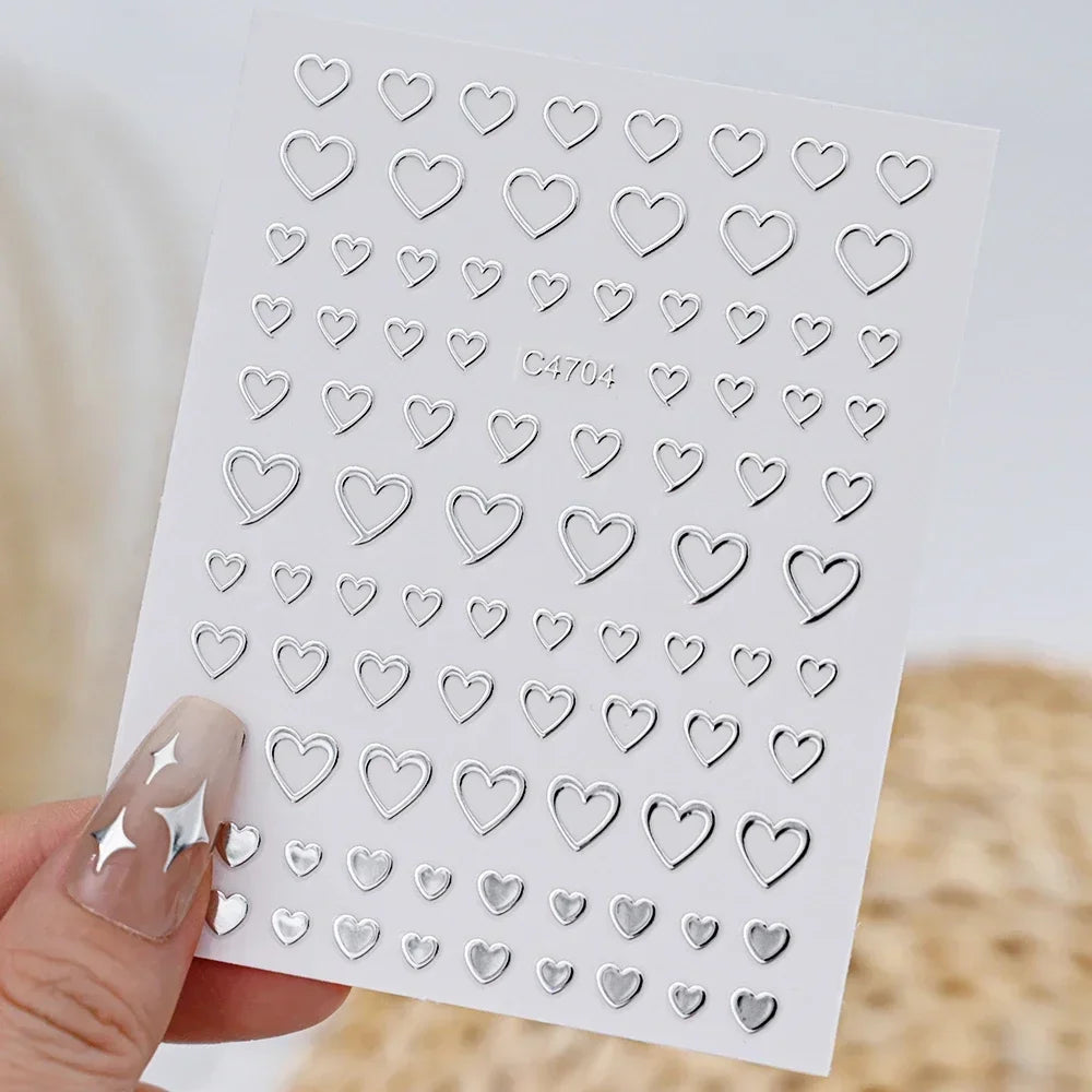 Silver Star Nail Stickers, 6 Sheets of Metallic 3D Self-Adhesive Chain and Heart Nail Art Decals for DIY Manicures, Party Looks and Salon Decoration
