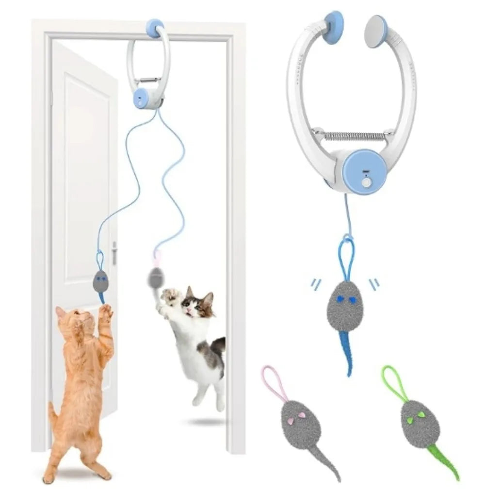 Door Hanging Cat Toy with Elastic Bouncing Teaser Rope and Sticky Disc Mount, Blue Indoor Cat Enrichment Toy for Supervised Batting and Pouncing