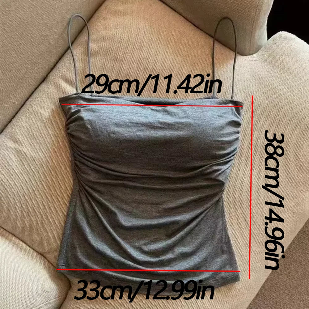 Women's Fixed Pad Crop Top with Thin Straps, Sleeveless Polyester Casual Tank in Red, Black, White or Grey, One Size for Layering and Going-Out Outfits