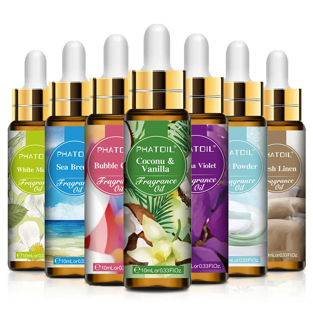 Fruit Fragrance Oil by PHATOIL, 10ml Single Scent Selection Including Strawberry, Peach, Mango, Coconut Vanilla and Fresh Linen for Home Fragrance