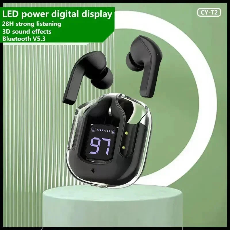 T2 Wireless Bluetooth Earphones with LED Power Display and Built-In Microphone, Transparent-Style In-Ear Audio Design in Five Colors for Music and Calls