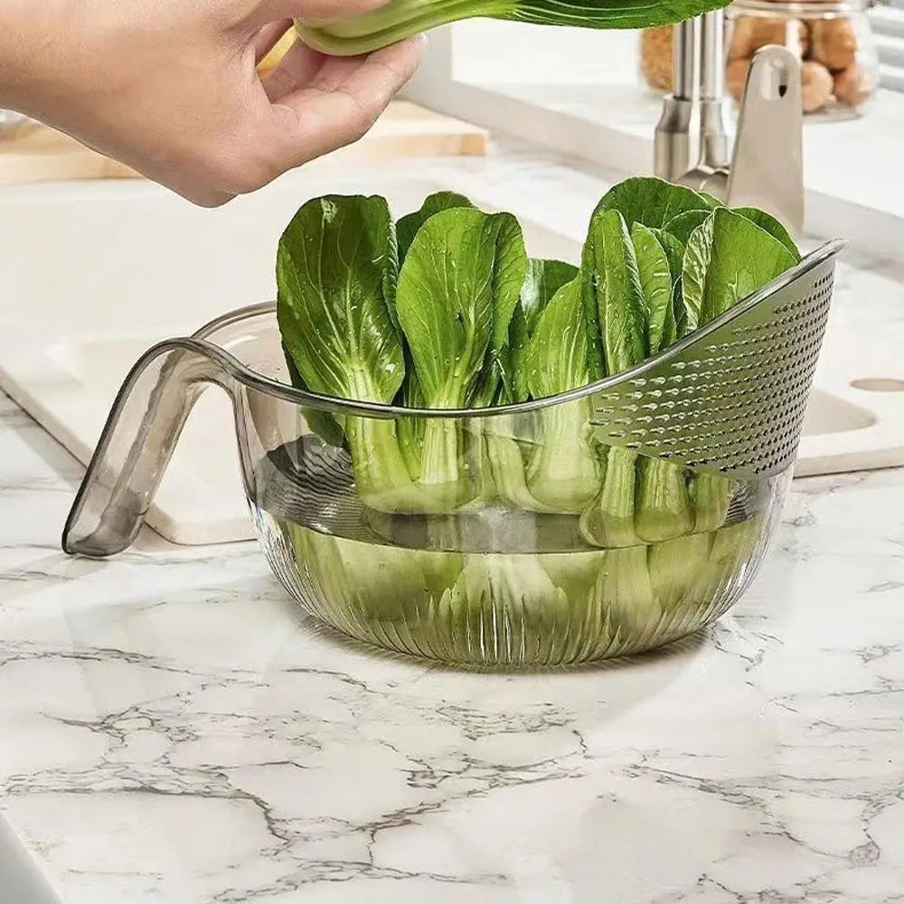 PET Rice Washing Bowl, Side-Draining Kitchen Colander with Handle and Small Bowl Reference, Listed 198 x 293 x 130mm Size in White, Green or Grey