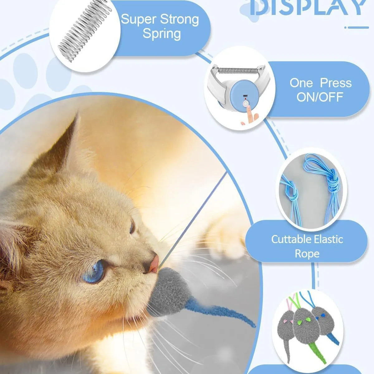 Door Hanging Cat Toy with Elastic Bouncing Teaser Rope and Sticky Disc Mount, Blue Indoor Cat Enrichment Toy for Supervised Batting and Pouncing