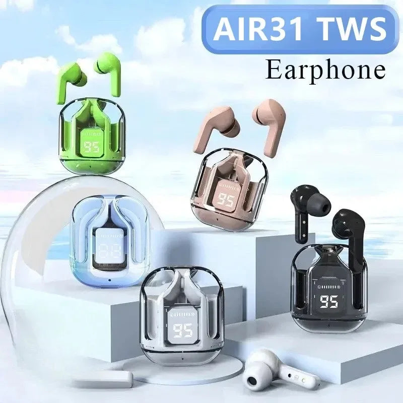 T2 Wireless Bluetooth Earphones with LED Power Display and Built-In Microphone, Transparent-Style In-Ear Audio Design in Five Colors for Music and Calls