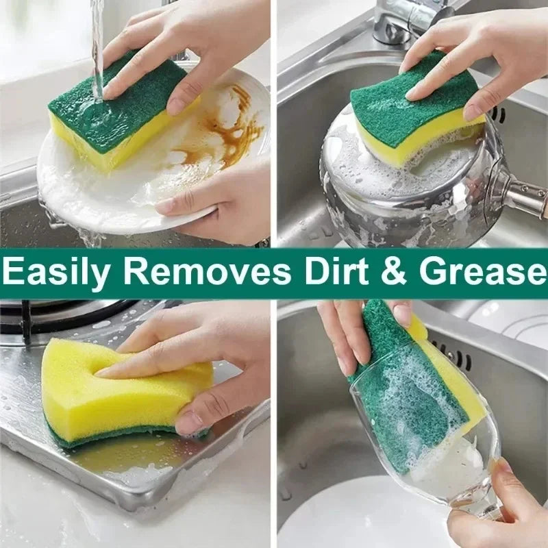 Yellow and Green Dish Sponges with Fiber Scouring Pads, Double-Sided Kitchen Cleaning Sponges in 10, 30 or 50-Piece Packs for Compatible Tableware and Pots
