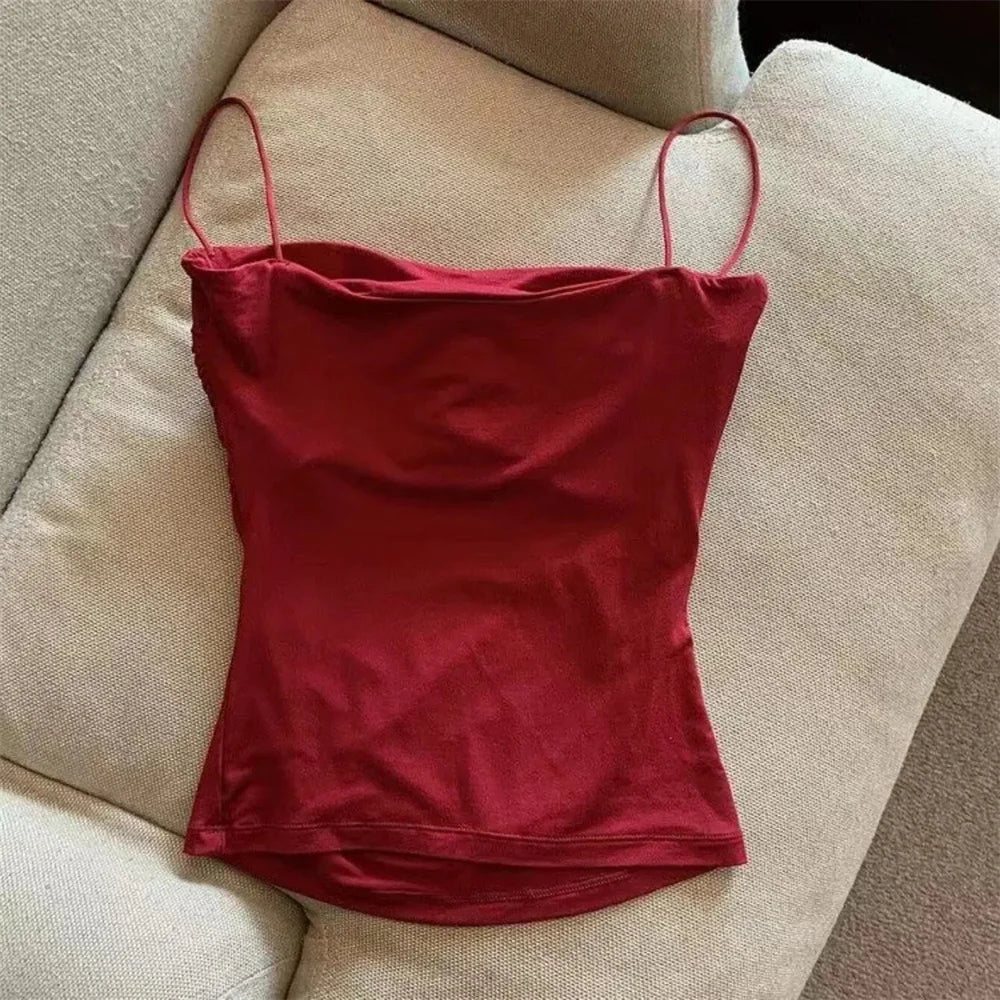 Women's Fixed Pad Crop Top with Thin Straps, Sleeveless Polyester Casual Tank in Red, Black, White or Grey, One Size for Layering and Going-Out Outfits