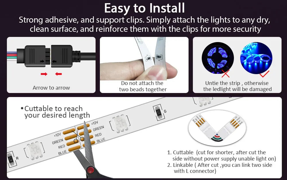 Music Sync RGB LED Strip Lights with 5V USB Power and Bluetooth 24key Option, Nine Lengths from 1m to 30m for Bedroom, TV and Party Accent Decoration