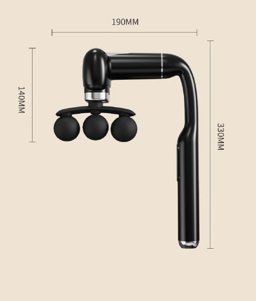 Six-Ball Massage Gun with Curved Long Handle, Adjustable Vibration and Listed USB-C Rechargeable Design, Black or Grey Handheld Massager for Personal Home Routines