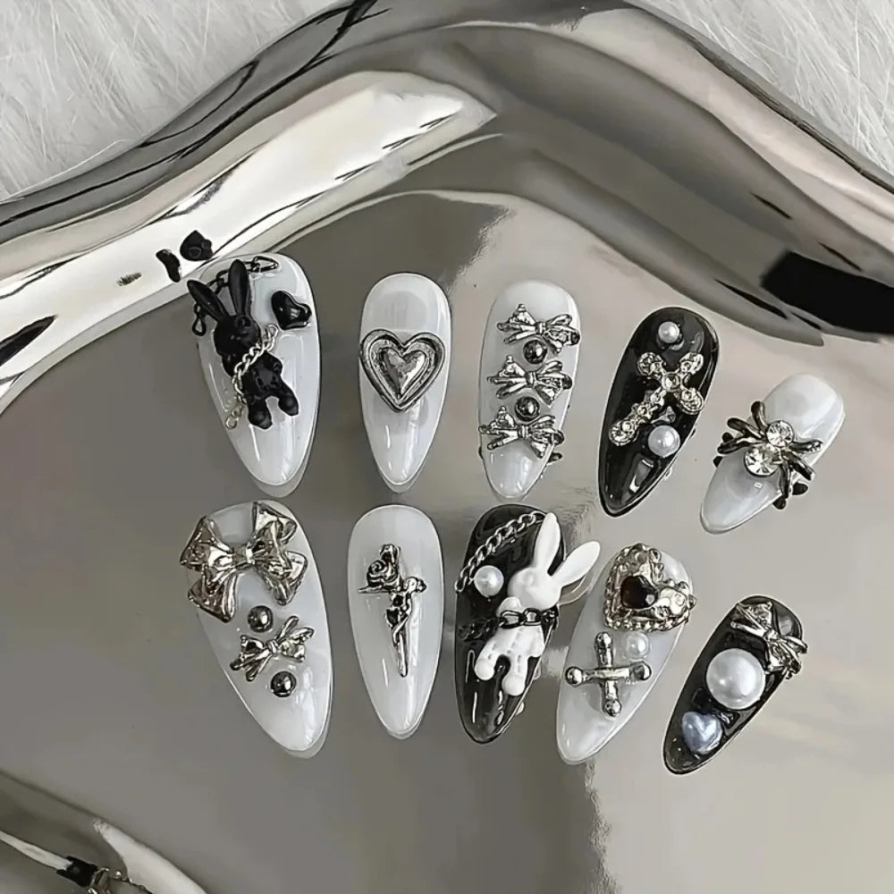 Black and White Press-On Nails with Rabbit and Bow Decorations, 10-Piece Gothic Minimalist False Nail Set in SJ116 XS, S or M Options for Daily and Party Looks