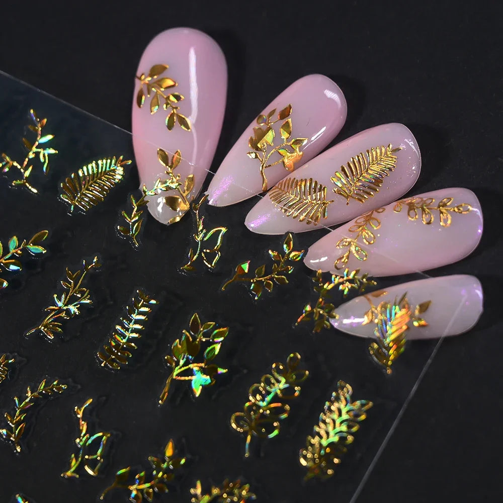 Gold Leaf Nail Stickers, 12-Piece Metallic 3D Floral Self-Adhesive Nail Art Decal Set for Botanical DIY Manicures, Party Styling and Salon Decoration