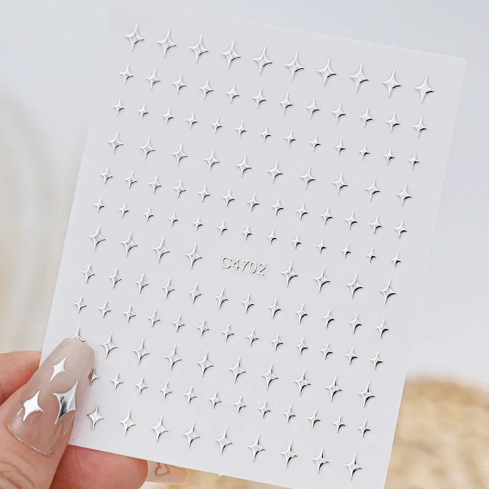 Silver Star Nail Stickers, 6 Sheets of Metallic 3D Self-Adhesive Chain and Heart Nail Art Decals for DIY Manicures, Party Looks and Salon Decoration