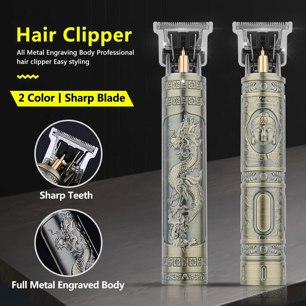 Retro T9 Hair Trimmer for Men's Everyday Haircutting and Personal Grooming, Electric Clipper Listing with Five Battery-Labeled Style Options for Home Use