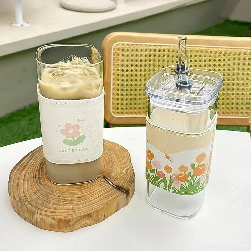 400ml Glass Coffee Cup with Listed Lid and Straw, Transparent Borosilicate Drinkware for Iced Coffee, Milk Tea and Juice with Square Cup and Bamboo Lid Options