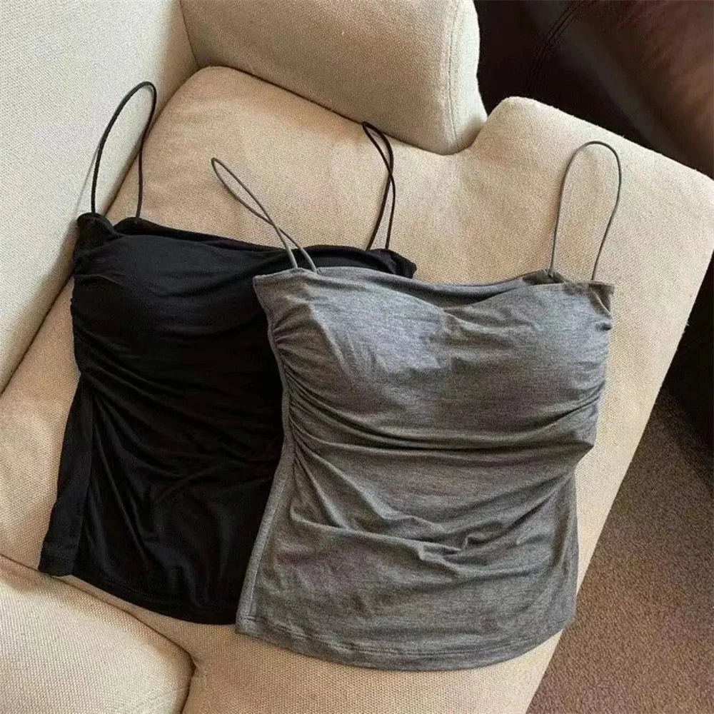 Women's Fixed Pad Crop Top with Thin Straps, Sleeveless Polyester Casual Tank in Red, Black, White or Grey, One Size for Layering and Going-Out Outfits