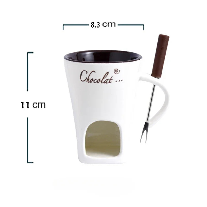 Chocolate Fondue Mug with 130ml Ceramic Cup and Stainless Steel Fork, Tea Light Dessert Warmer for Fruit, Cookies and Cozy Tabletop Dipping
