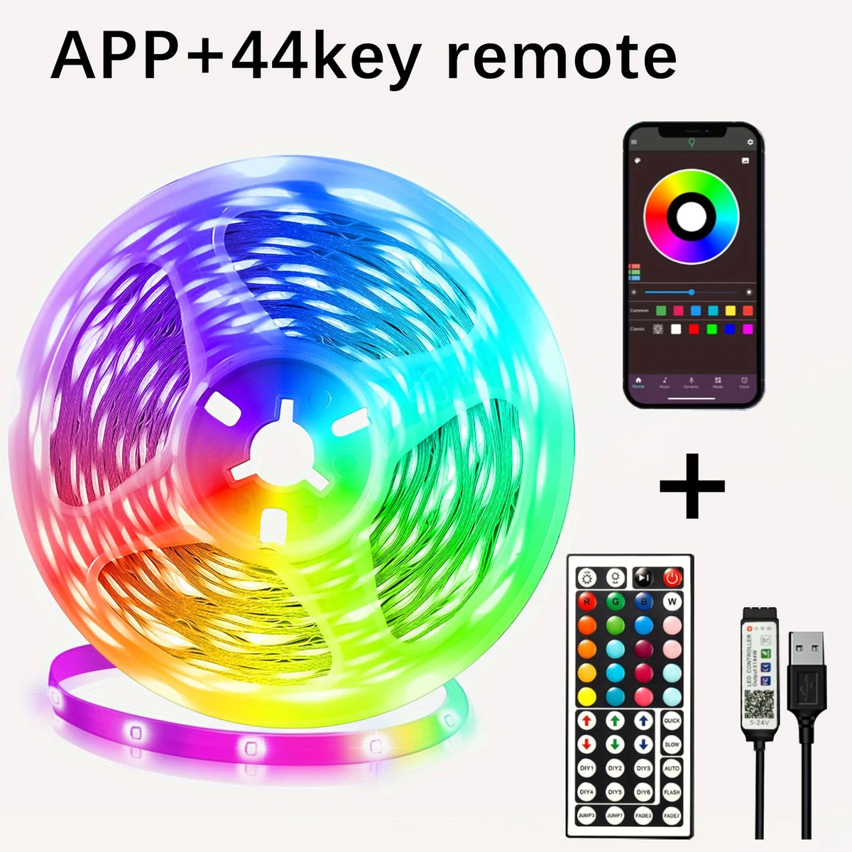 Four-Controller RGB LED Strip Lights with 5V USB Power, App or Remote Options and Nine Length Labels from 0.5m to 30m for Bedroom Decor and TV Backlighting