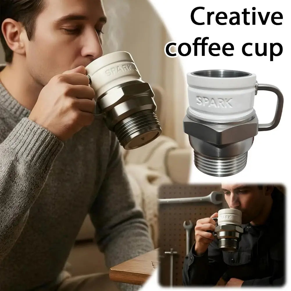 Spark Plug Coffee Mug with Resin Exterior and Stainless Steel Lining, Silvery Automotive-Themed Cup for Mechanics, Car Enthusiasts and Father's Day Gifts